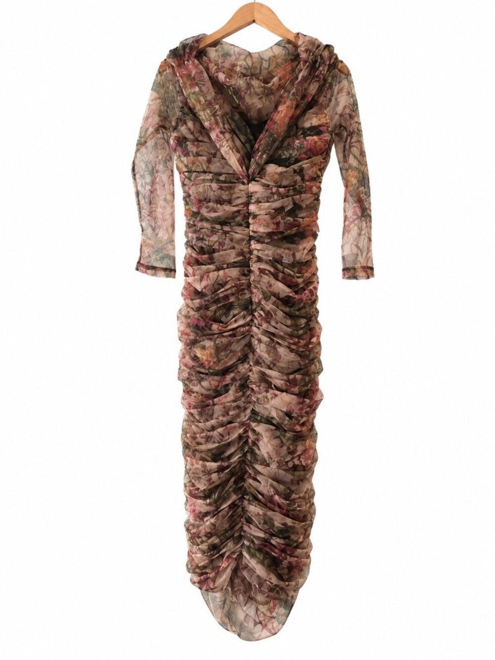Alieva Olive Floral Ruched Off Shoulder Long Sleeve Bodycon Midi Dress 2XL - Picture 3 of 6